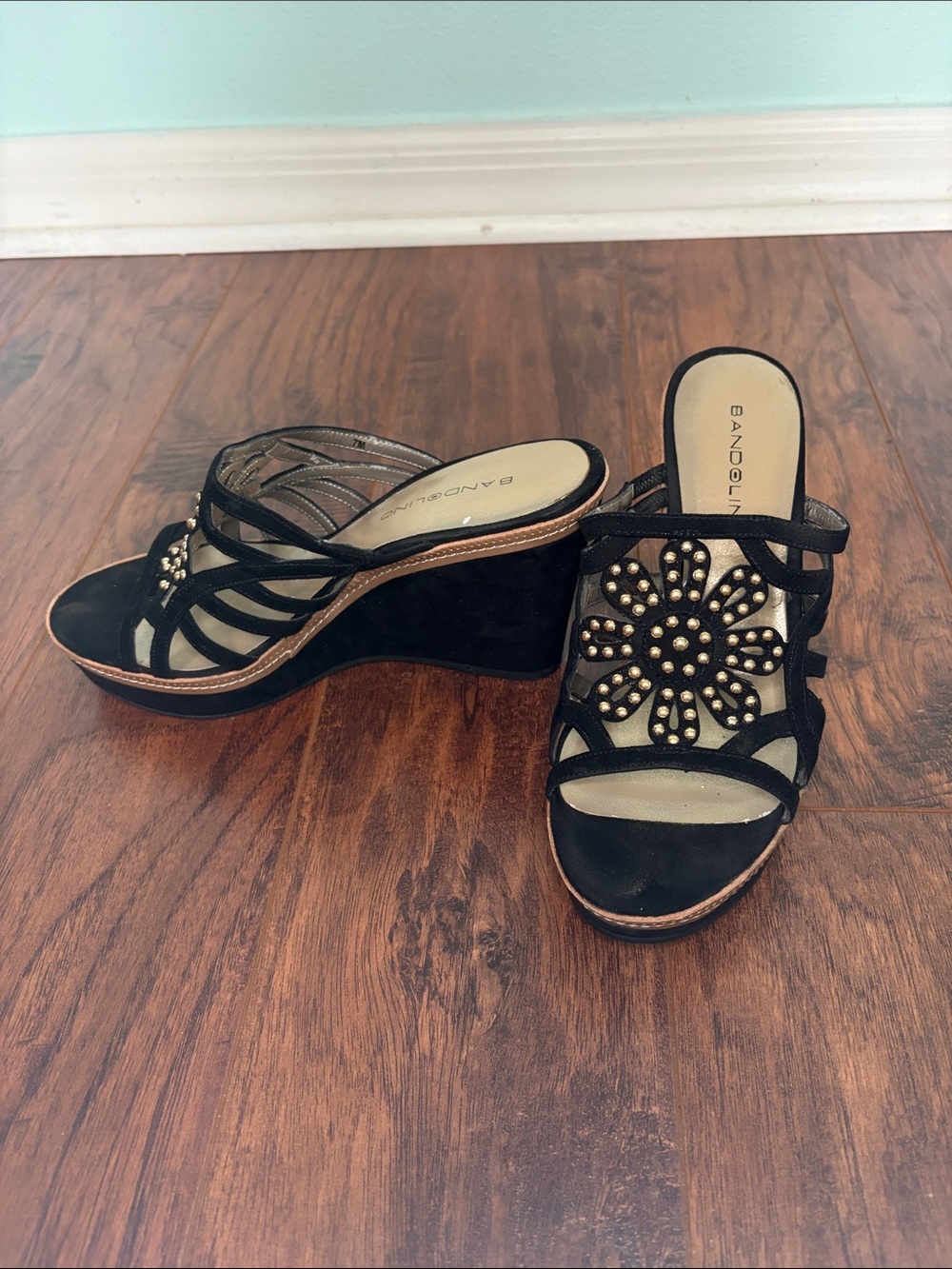 Bandolino Black Suede Floral Studded Wedge Sandals